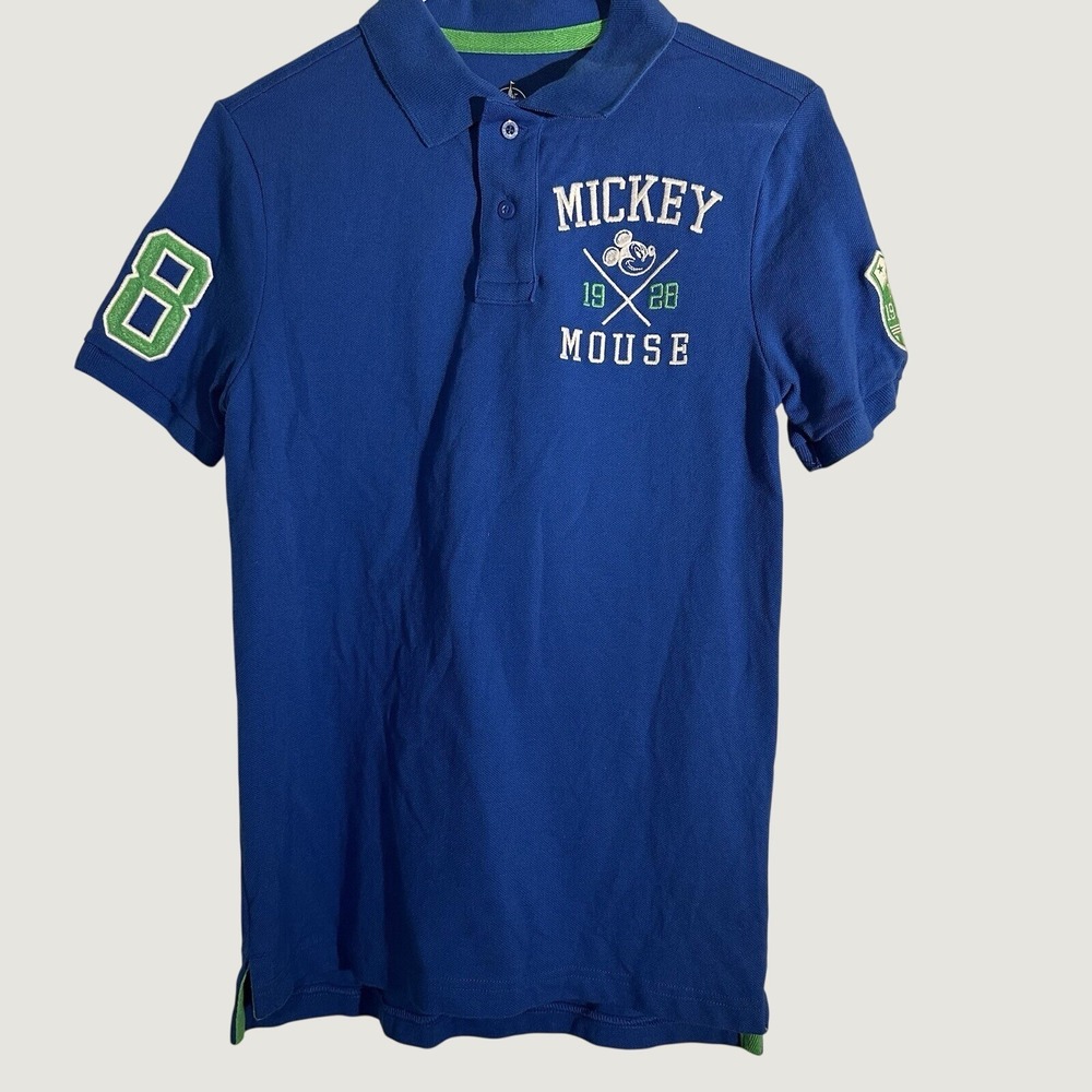 Disney Mickey Mouse Slim Fit Polo Shirt Blue Men's Size Small Golf Tennis Patch‎